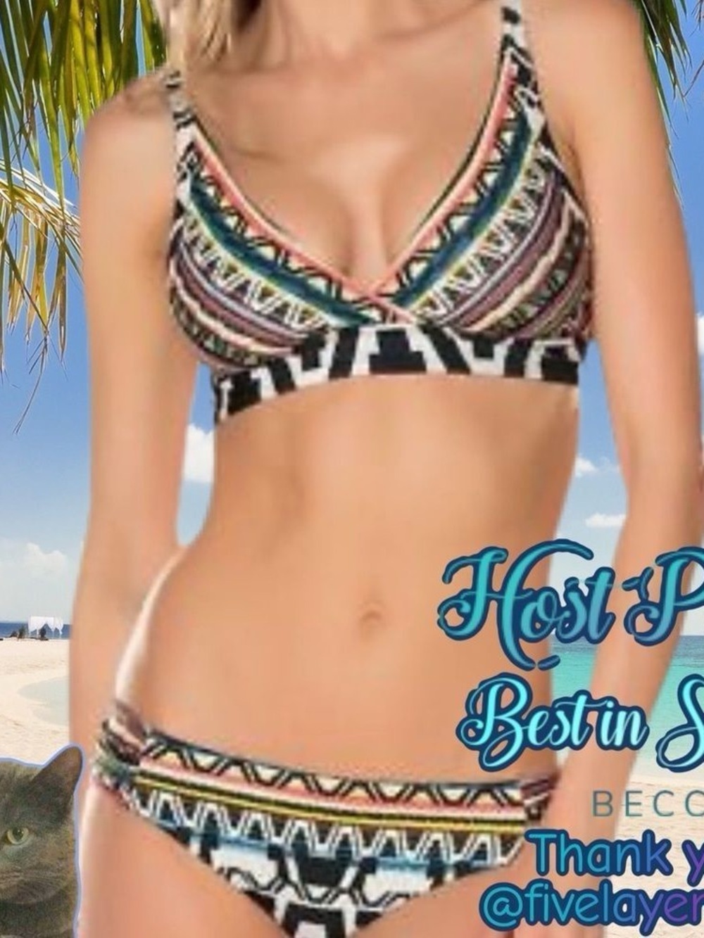 BECCA Multi-Color Tribal Print Bikini in Teal, Coral, Black & Cream